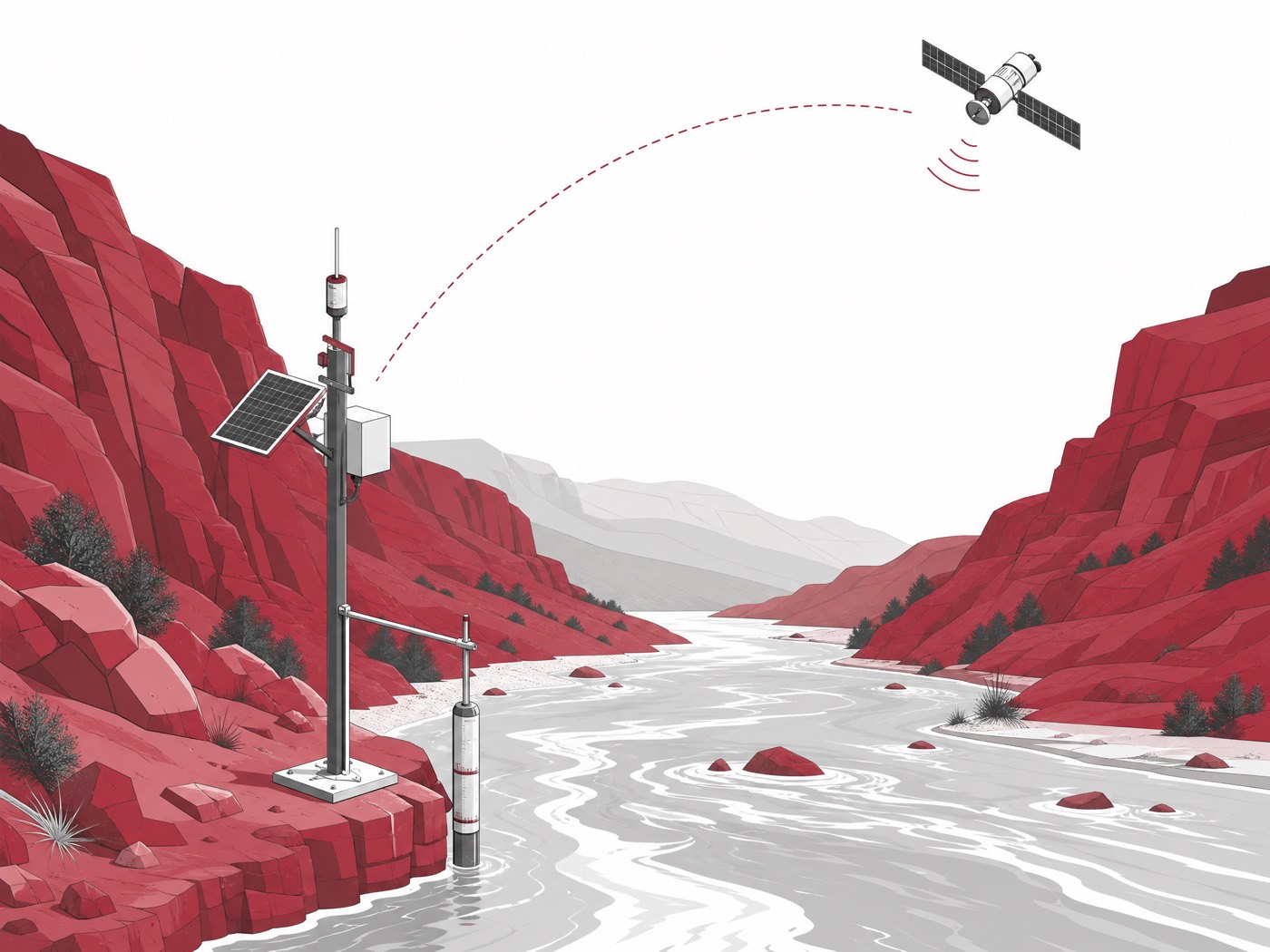 Illustration of a remote river gauging station sending data by satellite