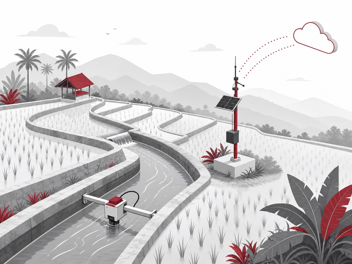 Illustration of irrigation canals with a Starflow flow sensor and telemetry mast