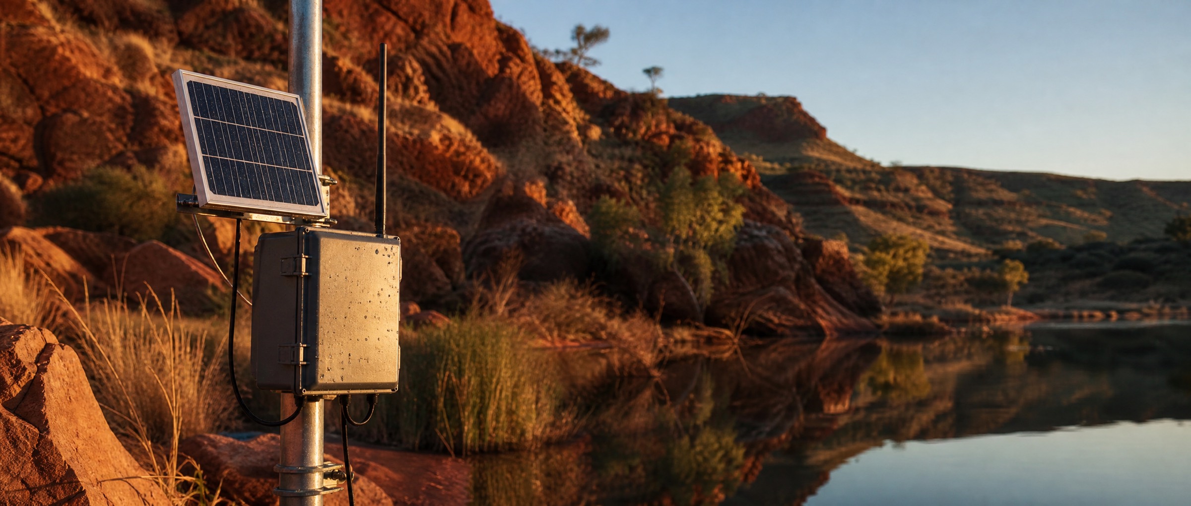 Unidata remote data logger with solar panel and telemetry antenna beside a river in a Pilbara gorge