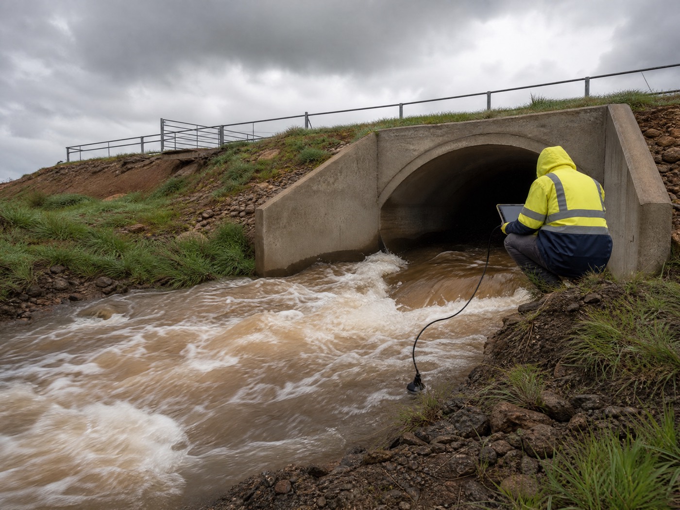 Technician checking live Starflow flow readings on a tablet at a flooded culvert