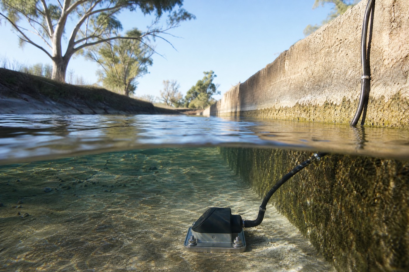 Starflow QSD ultrasonic water velocity sensor installed on the floor of an irrigation channel